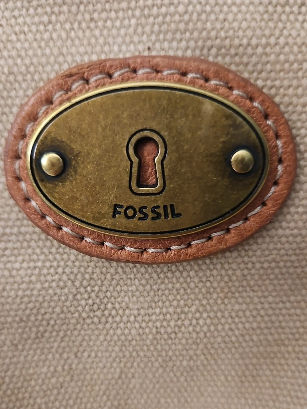 Fossil Embroidered Cream Canvas Pouch with Brass Accent